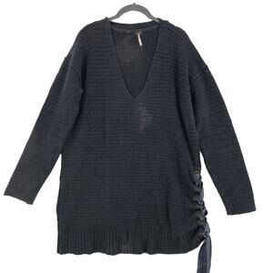 Free People Sweater Womens Medium Tunic Black Heart It Laces V Neck Chunky Knit